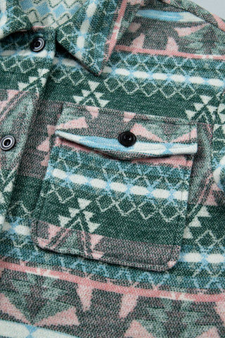 Green Geometric Aztec Print Button Front Long Sleeve Shacket jacket
