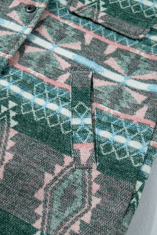 Green Geometric Aztec Print Button Front Long Sleeve Shacket jacket