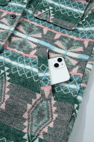 Green Geometric Aztec Print Button Front Long Sleeve Shacket jacket