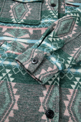 Green Geometric Aztec Print Button Front Long Sleeve Shacket jacket