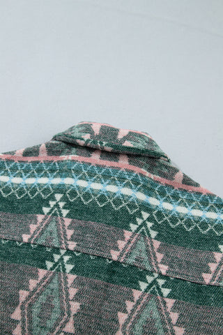 Green Geometric Aztec Print Button Front Long Sleeve Shacket jacket
