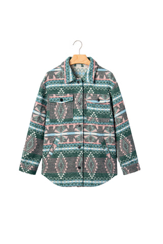 Green Geometric Aztec Print Button Front Long Sleeve Shacket jacket