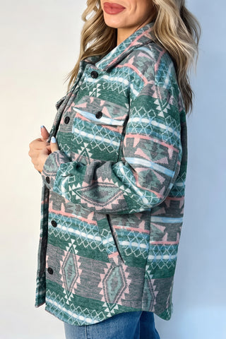 Green Geometric Aztec Print Button Front Long Sleeve Shacket jacket