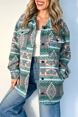 Green Geometric Aztec Print Button Front Long Sleeve Shacket jacket