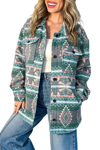Green Geometric Aztec Print Button Front Long Sleeve Shacket jacket