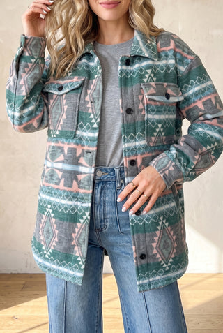 Green Geometric Aztec Print Button Front Long Sleeve Shacket jacket