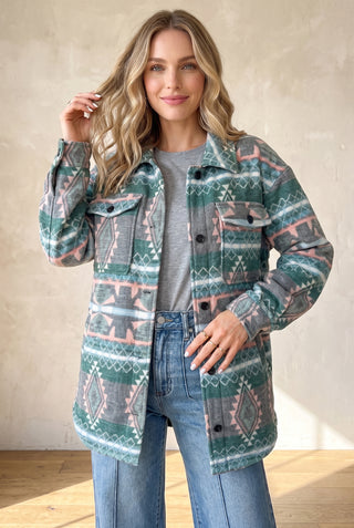 Green Geometric Aztec Print Button Front Long Sleeve Shacket jacket