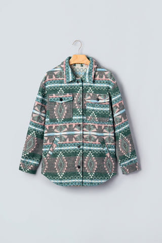 Green Geometric Aztec Print Button Front Long Sleeve Shacket jacket