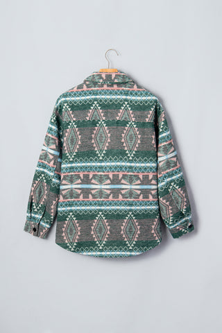 Green Geometric Aztec Print Button Front Long Sleeve Shacket jacket