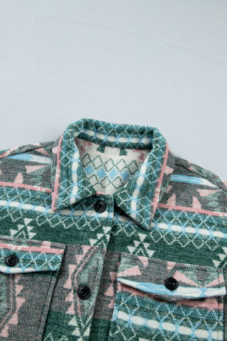 Green Geometric Aztec Print Button Front Long Sleeve Shacket jacket