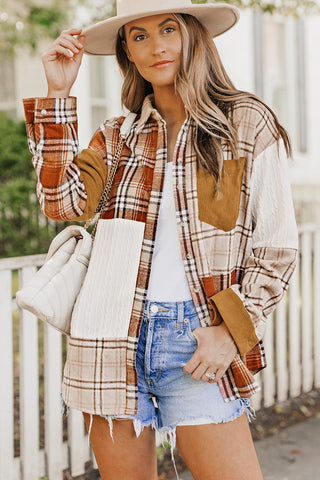 Fall  Plaid Color Block Patchwork Shirt Jacket with Pocket