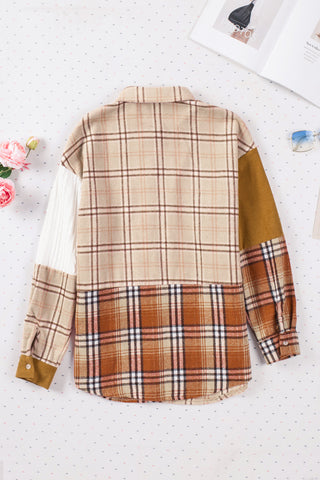 Fall  Plaid Color Block Patchwork Shirt Jacket with Pocket