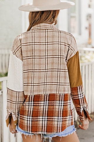 Fall  Plaid Color Block Patchwork Shirt Jacket with Pocket