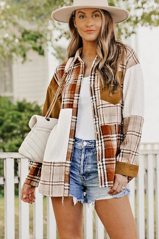 Fall  Plaid Color Block Patchwork Shirt Jacket with Pocket