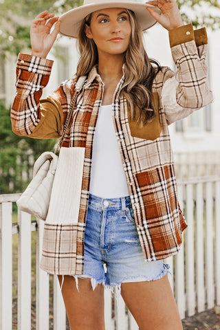 Fall  Plaid Color Block Patchwork Shirt Jacket with Pocket