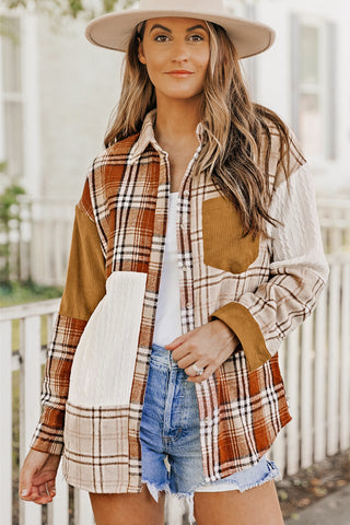 Fall  Plaid Color Block Patchwork Shirt Jacket with Pocket