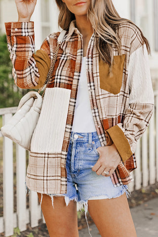 Fall  Plaid Color Block Patchwork Shirt Jacket with Pocket