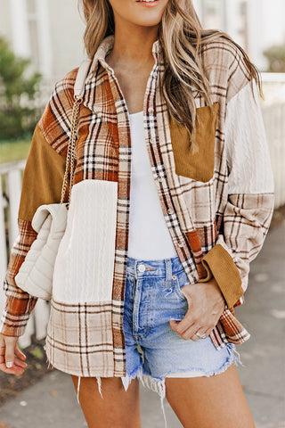 Fall  Plaid Color Block Patchwork Shirt Jacket with Pocket