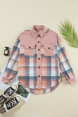 Pink Plaid Corduroy Patchwork Chest Pocket Shacket Jacket
