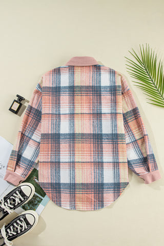 Pink Plaid Corduroy Patchwork Chest Pocket Shacket Jacket