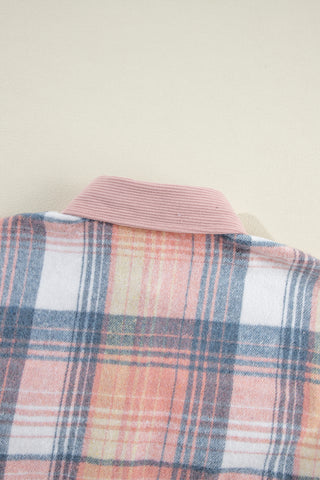 Pink Plaid Corduroy Patchwork Chest Pocket Shacket Jacket