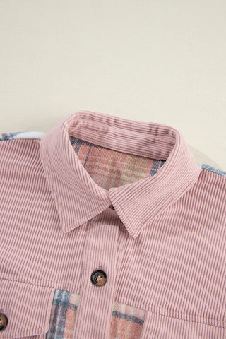 Pink Plaid Corduroy Patchwork Chest Pocket Shacket Jacket