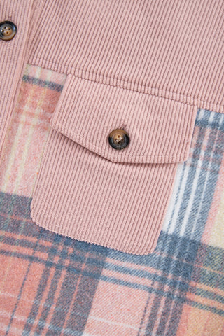 Pink Plaid Corduroy Patchwork Chest Pocket Shacket Jacket