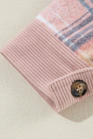 Pink Plaid Corduroy Patchwork Chest Pocket Shacket Jacket