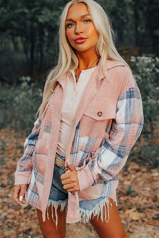 Pink Plaid Corduroy Patchwork Chest Pocket Shacket Jacket
