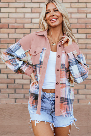 Pink Plaid Corduroy Patchwork Chest Pocket Shacket Jacket