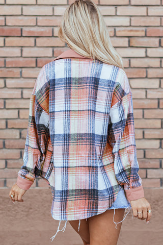 Pink Plaid Corduroy Patchwork Chest Pocket Shacket Jacket