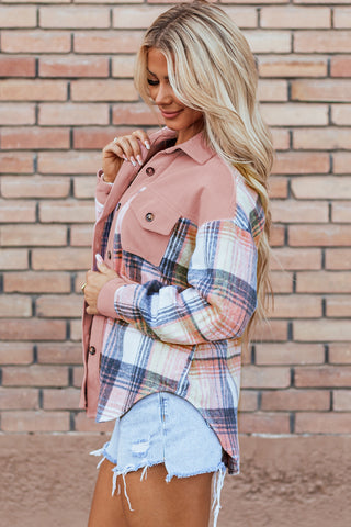 Pink Plaid Corduroy Patchwork Chest Pocket Shacket Jacket