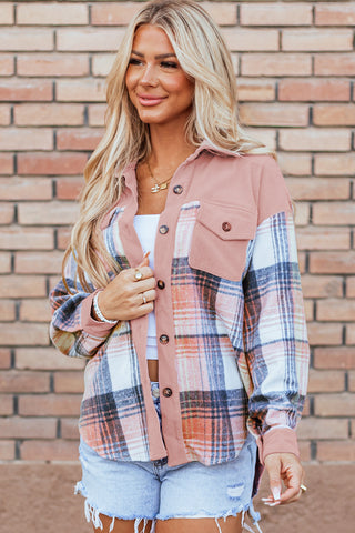 Pink Plaid Corduroy Patchwork Chest Pocket Shacket Jacket