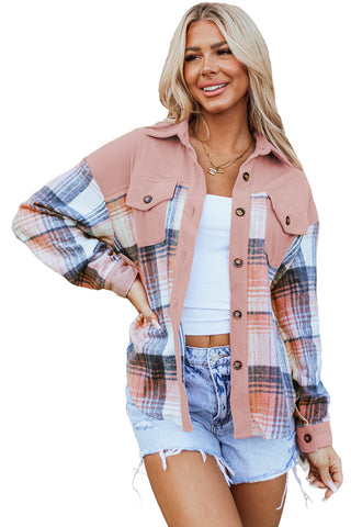 Pink Plaid Corduroy Patchwork Chest Pocket Shacket Jacket