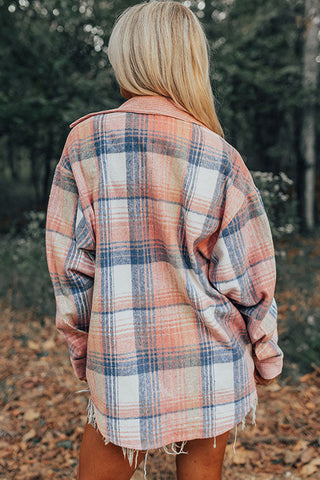Pink Plaid Corduroy Patchwork Chest Pocket Shacket Jacket