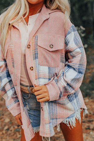 Pink Plaid Corduroy Patchwork Chest Pocket Shacket Jacket