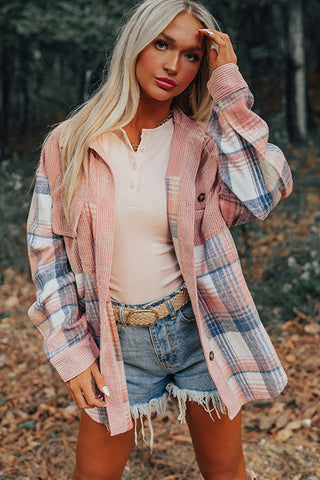 Pink Plaid Corduroy Patchwork Chest Pocket Shacket Jacket