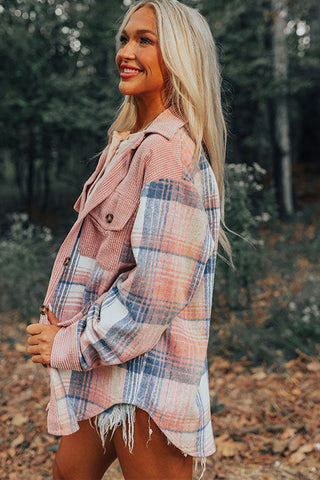 Pink Plaid Corduroy Patchwork Chest Pocket Shacket Jacket