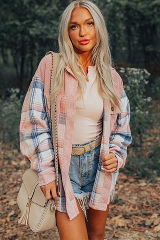Pink Plaid Corduroy Patchwork Chest Pocket Shacket Jacket