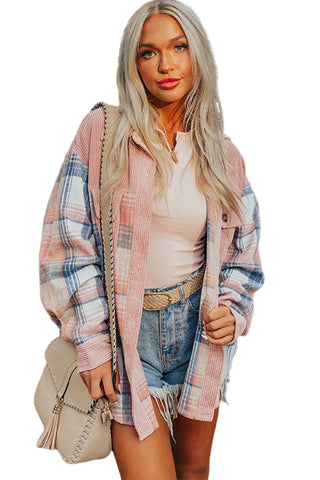 Pink Plaid Corduroy Patchwork Chest Pocket Shacket Jacket