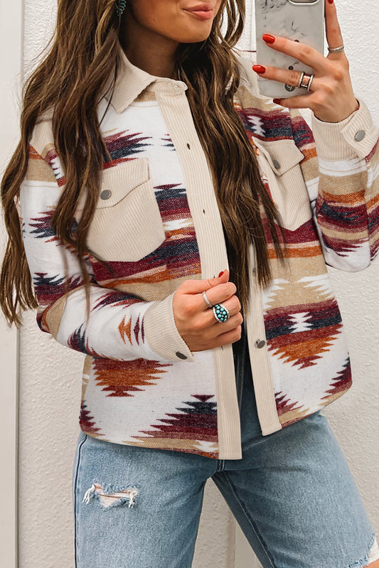 Multicolour Western Aztec Ribbed Patchwork Double Flap Pocket Raw Hem Shacket Jacket