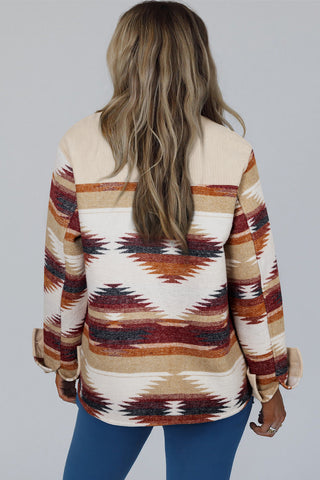 CLEARANCE Multicolour Western Aztec Ribbed Patchwork Double Flap Pocket Raw Hem Shacket Jacket