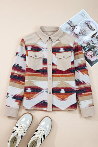 CLEARANCE Multicolour Western Aztec Ribbed Patchwork Double Flap Pocket Raw Hem Shacket Jacket