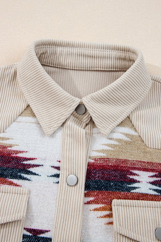 CLEARANCE Multicolour Western Aztec Ribbed Patchwork Double Flap Pocket Raw Hem Shacket Jacket
