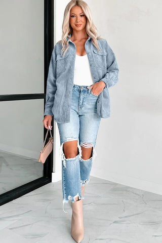 Stone Blue Plaid Corduroy Reversible Button Up Shacket