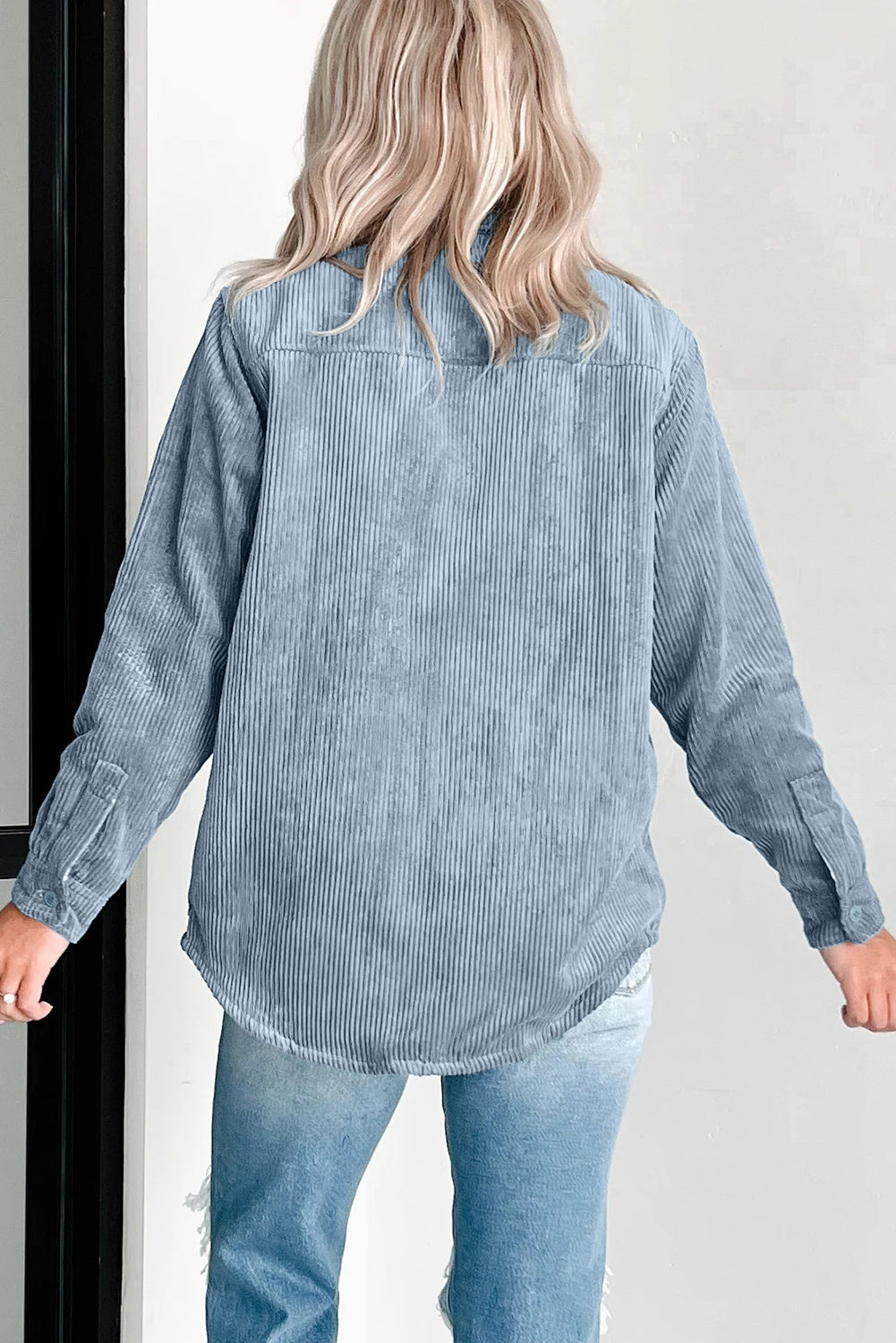 Stone Blue Plaid Corduroy Reversible Button Up Shacket