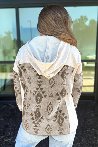 CLEARANCE Western Aztec Print Color Block Patchwork Drawstring Hooded Shacket