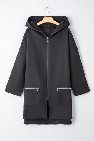Solid Color Casual Zipper Hooded Jacket in Black or Khaki