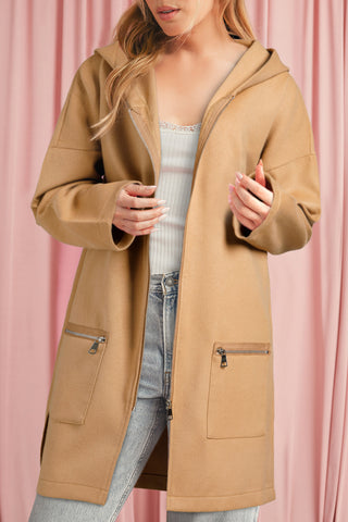 Solid Color Casual Zipper Hooded Jacket in Black or Khaki