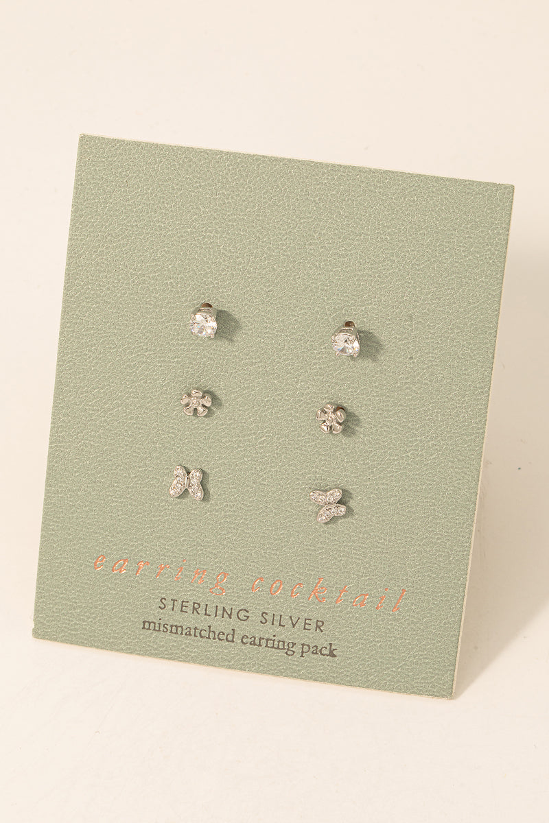 Sterling Silver Cz Mini Stud Earrings Set